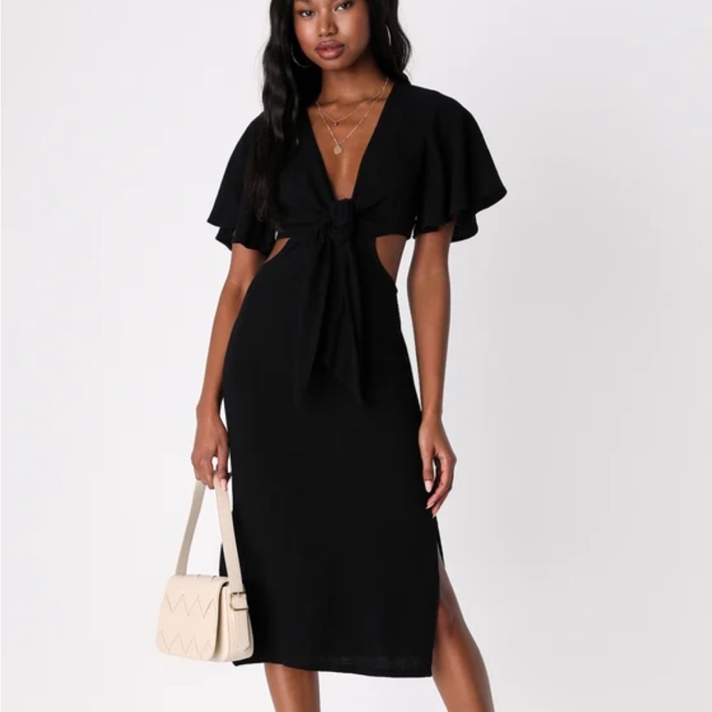 Summer Journey Black Tie-Front Cutout Midi Dress